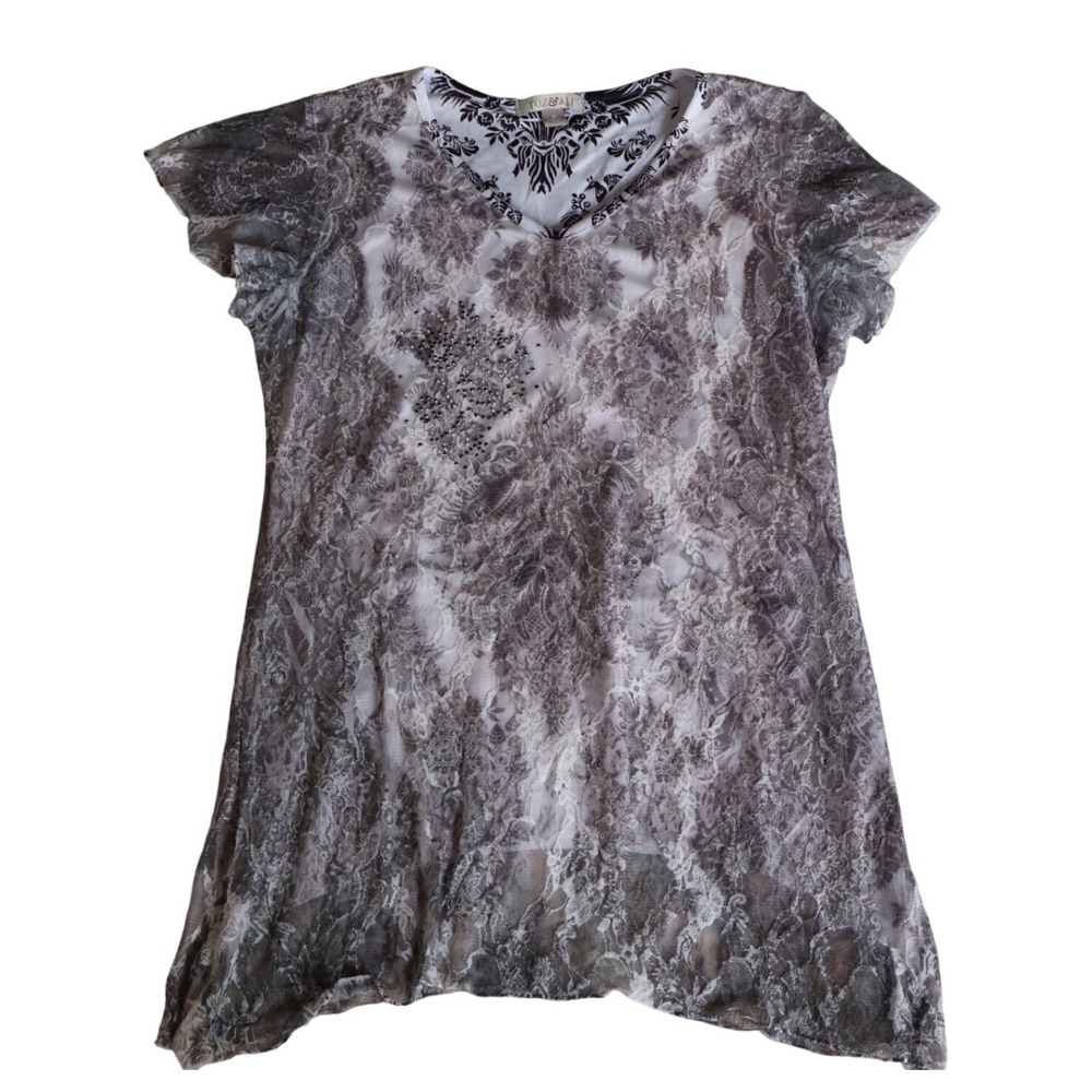 Roz & Ali Womens Grey Floral Lace V-Neck Top Rhinestone Short Sleeve Size Small